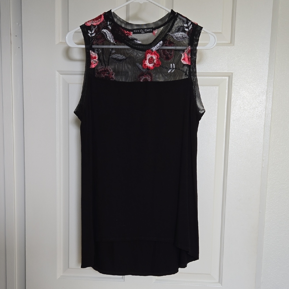 Black Jersey Knit Sleeveless Top with Floral Embroidered Mesh